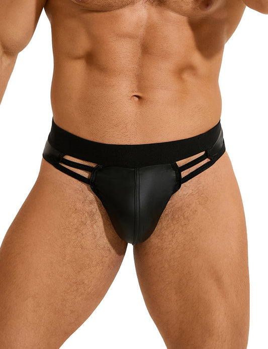 Black Sexy PU Leather Hollow Out Men Underwear