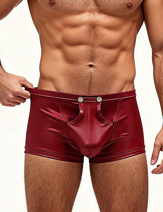 Burgundy Sexy Faux Leather Men's Open-Crotch Briefs