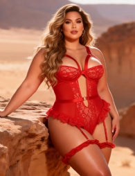 Red Long Sleeve Fishnet Off-the-shoulder Sparkle Bodysuit