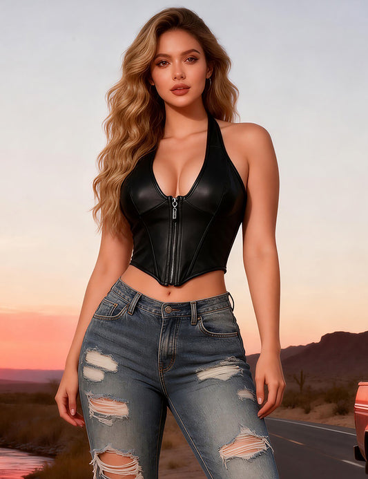 Black Halter Neck Deep V Zippered Faux Leather Corset