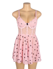 Heart Print Lace Push-Up Babydoll Set