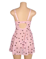 Heart Print Lace Push-Up Babydoll Set