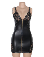 Black Embroidery Lace & Faux Leather Zipper Slip Dress