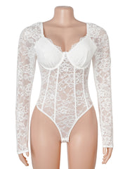 Deep-V Lace Long Sleeve Bodysuit
