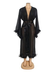 Sheer Mesh Ruffle Long Robe with Belt