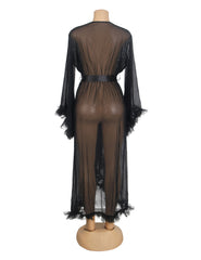 Sheer Mesh Ruffle Long Robe with Belt