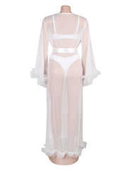 Sheer Mesh Ruffle Long Robe with Belt