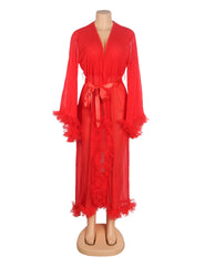 Sheer Mesh Ruffle Long Robe with Belt