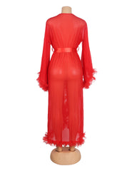Sheer Mesh Ruffle Long Robe with Belt