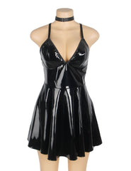 Deep-V Wet Look Faux Leather Suspender Slip Dress
