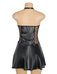 Leather Lace Halter Babydoll with Garter Belt